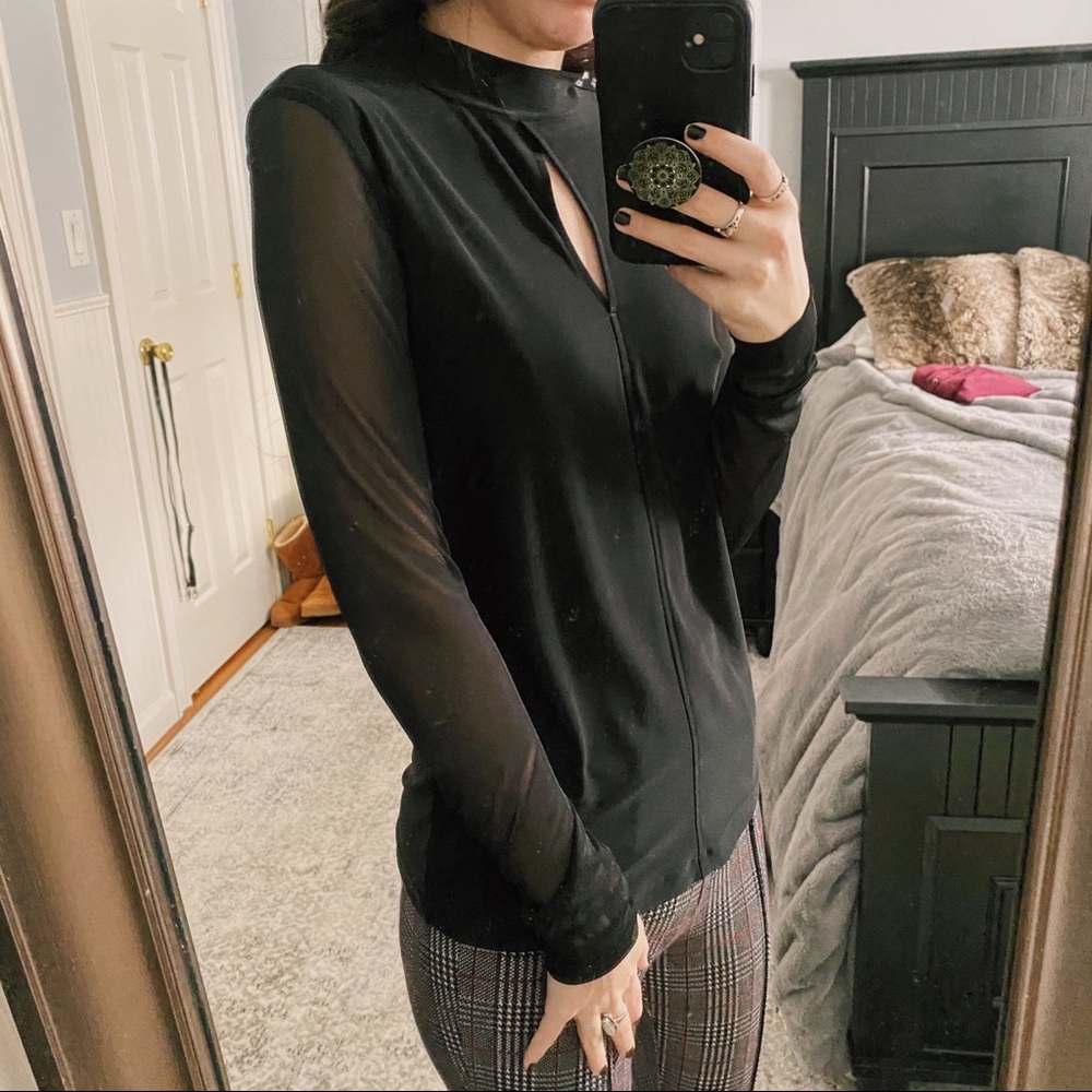 DKNY Black Mesh Sleeve Key Hole High Neck Blouse